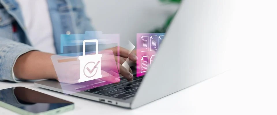 Data Security and File Protection on Laptop with Digital Lock Icon 写真素材