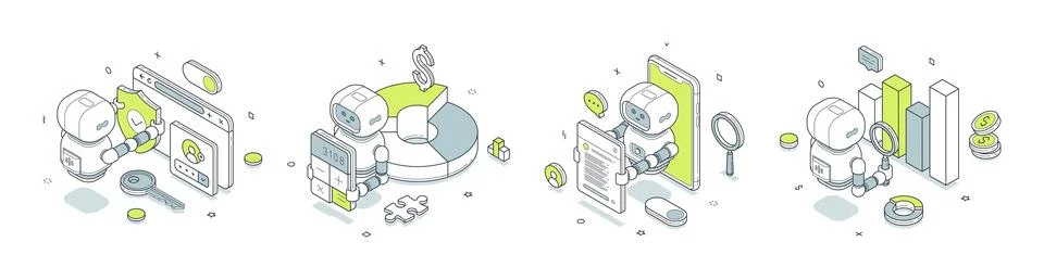 Data security and financial analysis isometric vector illustration. Robot pro Stock Illustration