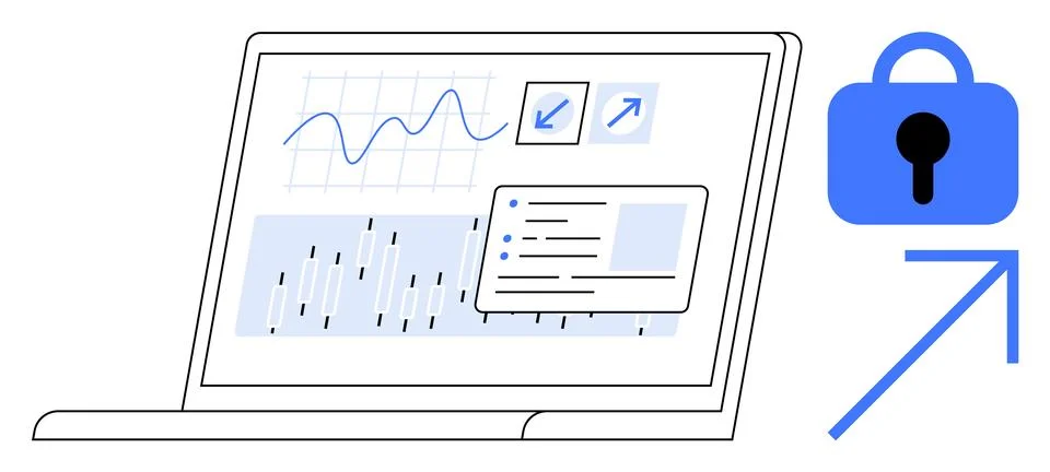 Data Security and Growth Analysis on Laptop with Lock Icon and Upward Arrow Illustrazione stock