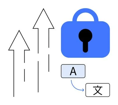 Data Security and Multilingual Translation Concept with Growth Arrows and Loc Illustrazione stock