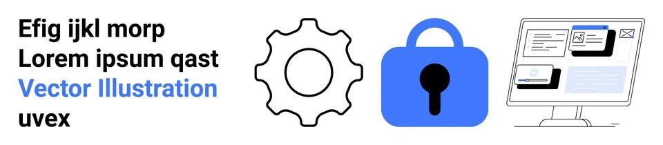 Data Security and Online Services Concept with Gear, Padlock, and Desktop C.. Stock Illustration