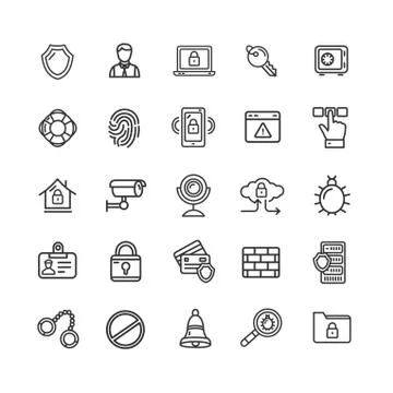 Data Security and Safe Icon Black Thin Line Set. Vector Illustrazione stock