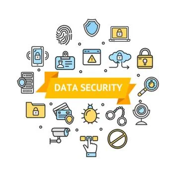 Data Security and Safe Round Design Template Icon Emblem. Vector Stock Illustration