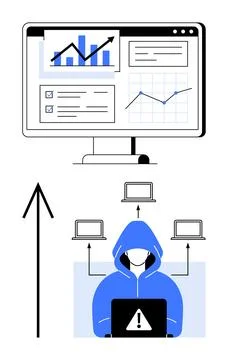 Data security breach illustration with hacker, multiple computers, graphs, .. Stock Illustration