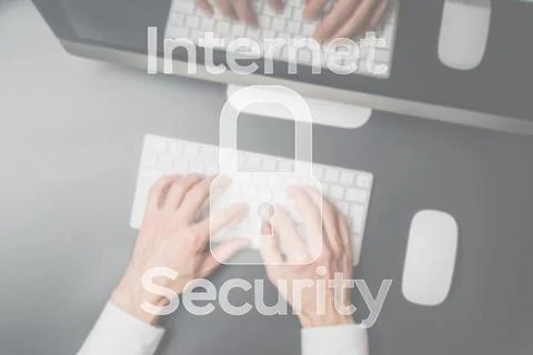 Data security. Computer Data Internet protection symbol on blured keyboard ba Stock Photos