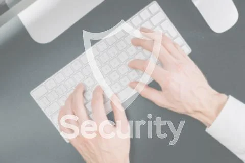 Data security. Computer Data Internet protection symbol on blured keyboard ba Fotos Stock