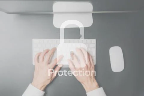 Data security. Computer Data Internet protection symbol on blured keyboard ba Photos