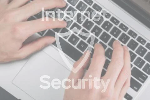 Data security. Computer Data Internet protection symbol on blured keyboard ba Fotos Stock