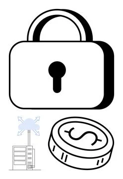 Data security concept featuring a padlock, cloud server, and coin represent.. Illustrazione stock