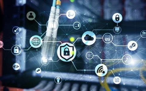 Data security concept. Icons: Closed Padlock, Wifi And cloud on digital Stock Photos