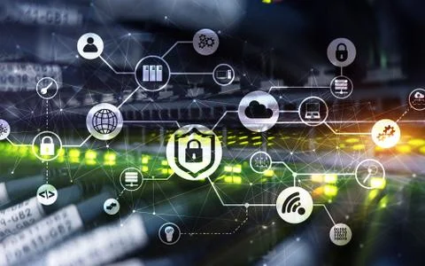 Data security concept. Icons: Closed Padlock, Wifi And cloud on digital Stock Photos