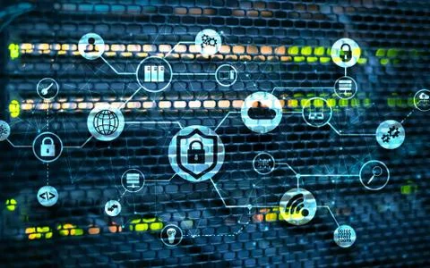 Data security concept. Icons: Closed Padlock, Wifi And cloud on digital Stock Photos