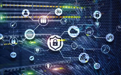 Data security concept. Icons: Closed Padlock, Wifi And cloud on digital Stock Photos