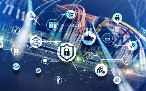 Data security concept. Icons: Closed Padlock, Wifi And cloud on digital Stock Photos