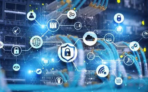 Data security concept. Icons: Closed Padlock, Wifi And cloud on digital Stock Photos