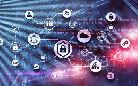 Data security concept. Icons: Closed Padlock, Wifi And cloud on digital Stock Photos