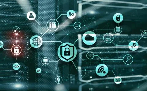 Data security concept. Icons: Closed Padlock, Wifi And cloud on digital Stock Photos