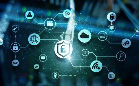 Data security concept. Icons: Closed Padlock, Wifi And cloud on digital Stock Photos