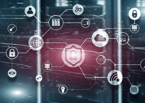 Data security concept. Icons: Closed Padlock, Wifi And cloud on digital Stockfoto's