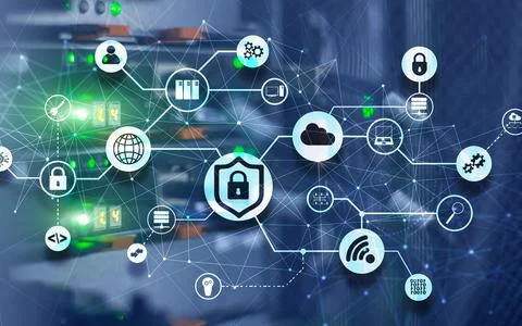 Data security concept. Icons: Closed Padlock, Wifi And cloud on digital Stockfoto's