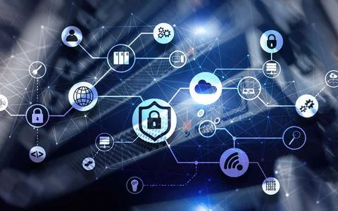 Data security concept. Icons: Closed Padlock, Wifi And cloud on digital Stock Photos