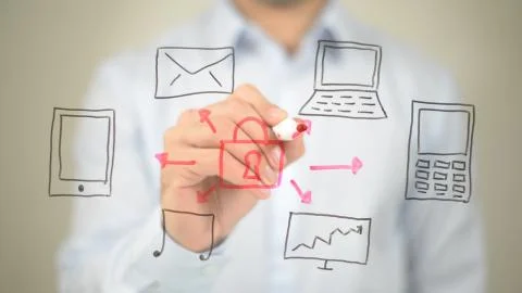 Data Security, Concept Illustration, Man writing on transparent screen Stockfoto's