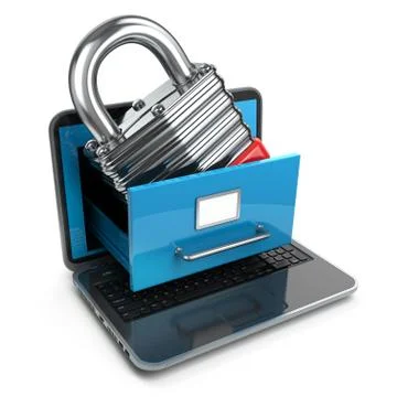 Data security concept. Laptop, archive and lock. Illustrazione stock