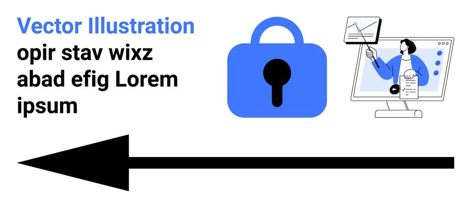 Data Security Concept with Lock and Person Analyzing Charts Illustrazione stock
