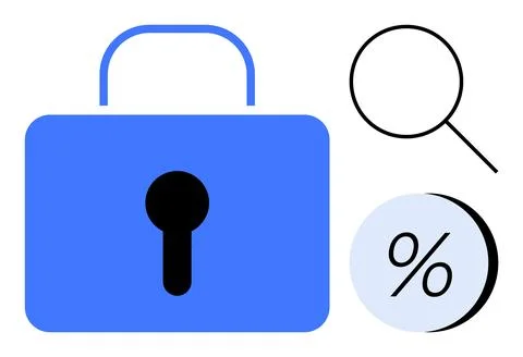 Data Security Concept with Lock, Magnifying Glass, and Percentage Symbol Illustrazione stock