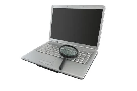 Data security concept magnifying glass on laptop PC with dark screen for copy Stockfoto's