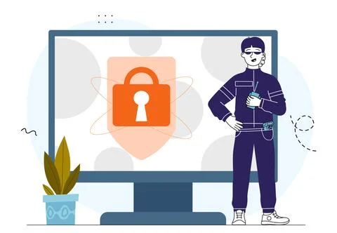 Data security concept. Man with walkie talkie near huge computer with lock Stock Illustration