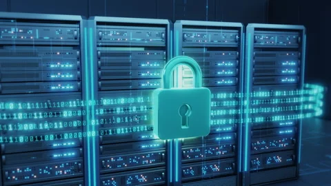Data Security Concept with Padlock and Binary Code on Server Racks Stock Footage 344752467