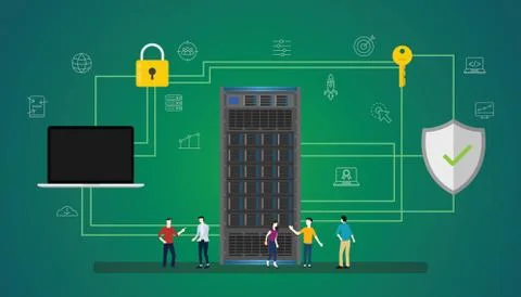 Data security concept with people server and secure icon database - vector il Illustrazione stock