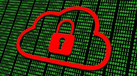 Data security concept - red closed padlock in a cloud over green binary code Stock Illustration