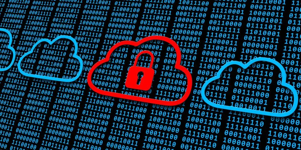 Data security concept - several clouds and one closed padlock over blue code Stock Illustration