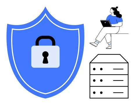 Data Security Concept with Shield Lock, Woman Using Laptop, and Data Server 스톡 일러스트