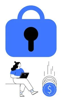 Data Security Concept with Woman Using Laptop and Falling Coins Symbolizing.. 스톡 일러스트