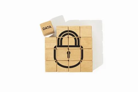 Data security concept. Wooden blocks with lock icon and data word isolated on 스톡 사진