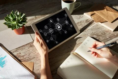 Data security, cyber protection, information privacy concept on device screen. Stock Photos