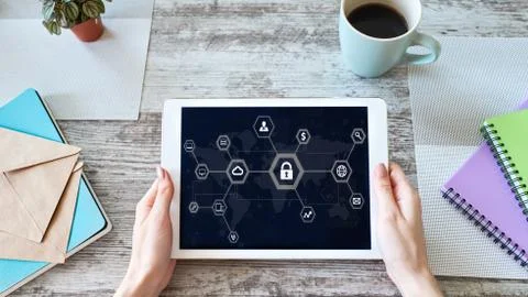 Data security, cyber protection, information privacy concept on device screen. 库存照片