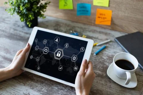 Data security, cyber protection, information privacy concept on device screen. Stock-Fotos