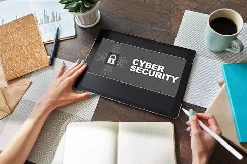 Data security, cyber protection, information privacy concept on device screen. 스톡 사진