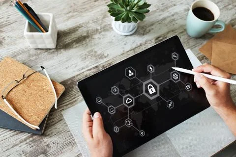 Data security, cyber protection, information privacy concept on device screen. Фото