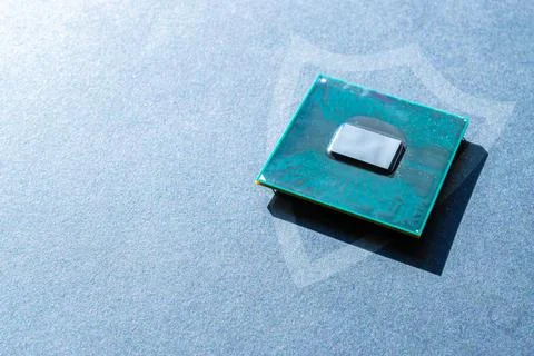 Data security. Digital computer processor, network motherboard chip on dark t Stock Photos