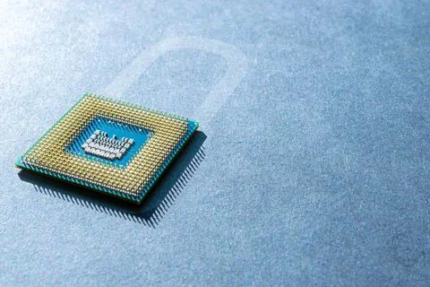 Data security. Digital computer processor, network motherboard chip on dark t Stock Photos