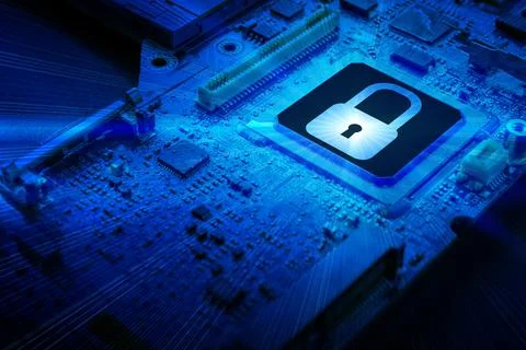 Data security. Digital computer processor chip on motherboard technology back Stock Photos