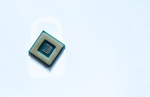 Data security. Digital computer processor, network motherboard chip on white  写真素材