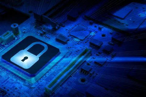 Data security. Digital computer processor chip on motherboard technology back 写真素材