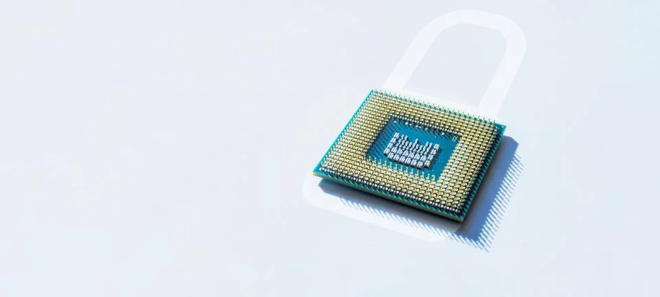 Data security. Digital computer processor, network motherboard chip on white  写真素材