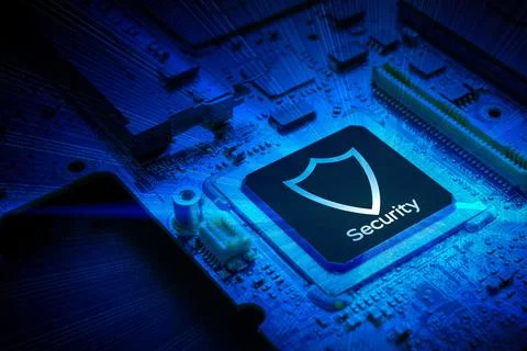 Data security. Digital computer processor chip on motherboard technology back Foto stock